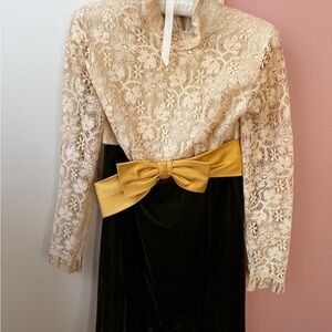 1960s High Neck Lace and Velvet Mini Dress with Yellow Bow
